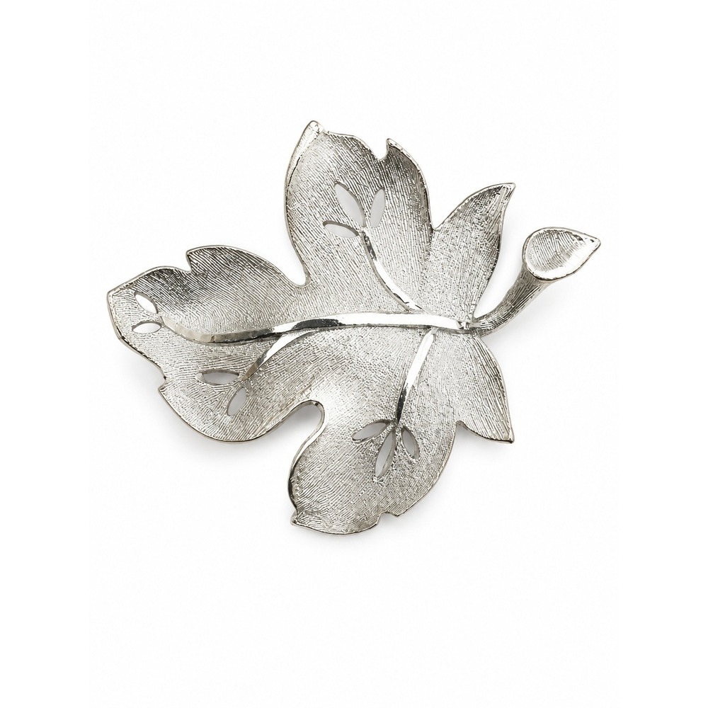 Vintage BSK Silver Tone Leaf Brooch Brushed Textured‎ Floral Nature Pin Signed